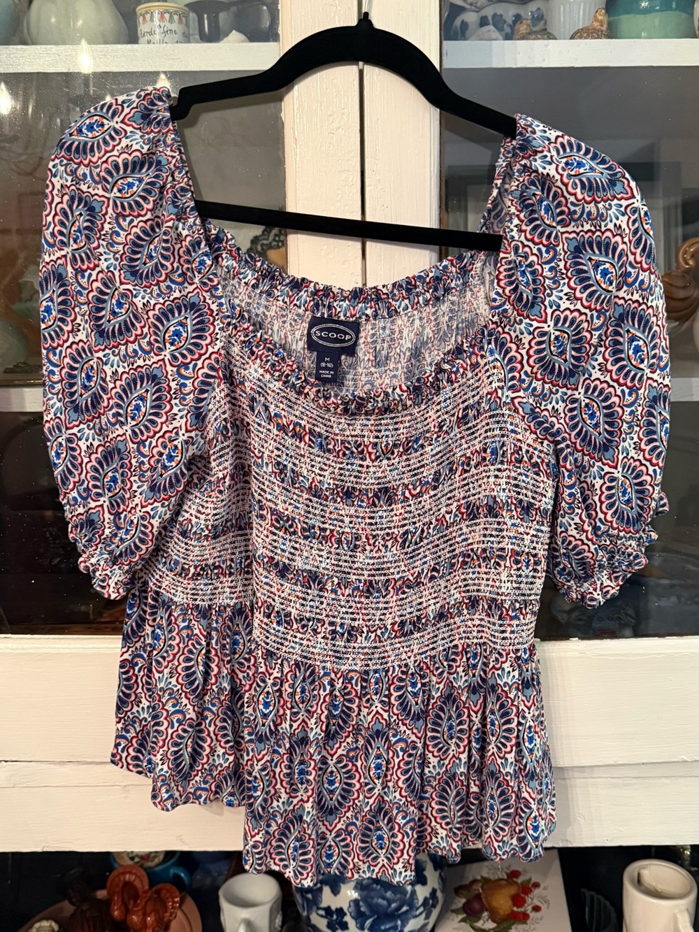 Scoop Smocked Peasant Blouse in Navy, White & Red Paisley